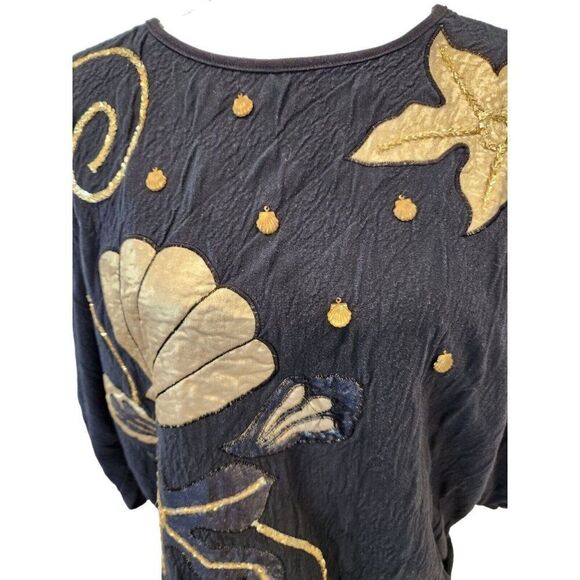 Vintage 80s Black Gold Seashell Sweatshirt XL Dangling Shells Applique - Picture 2 of 5